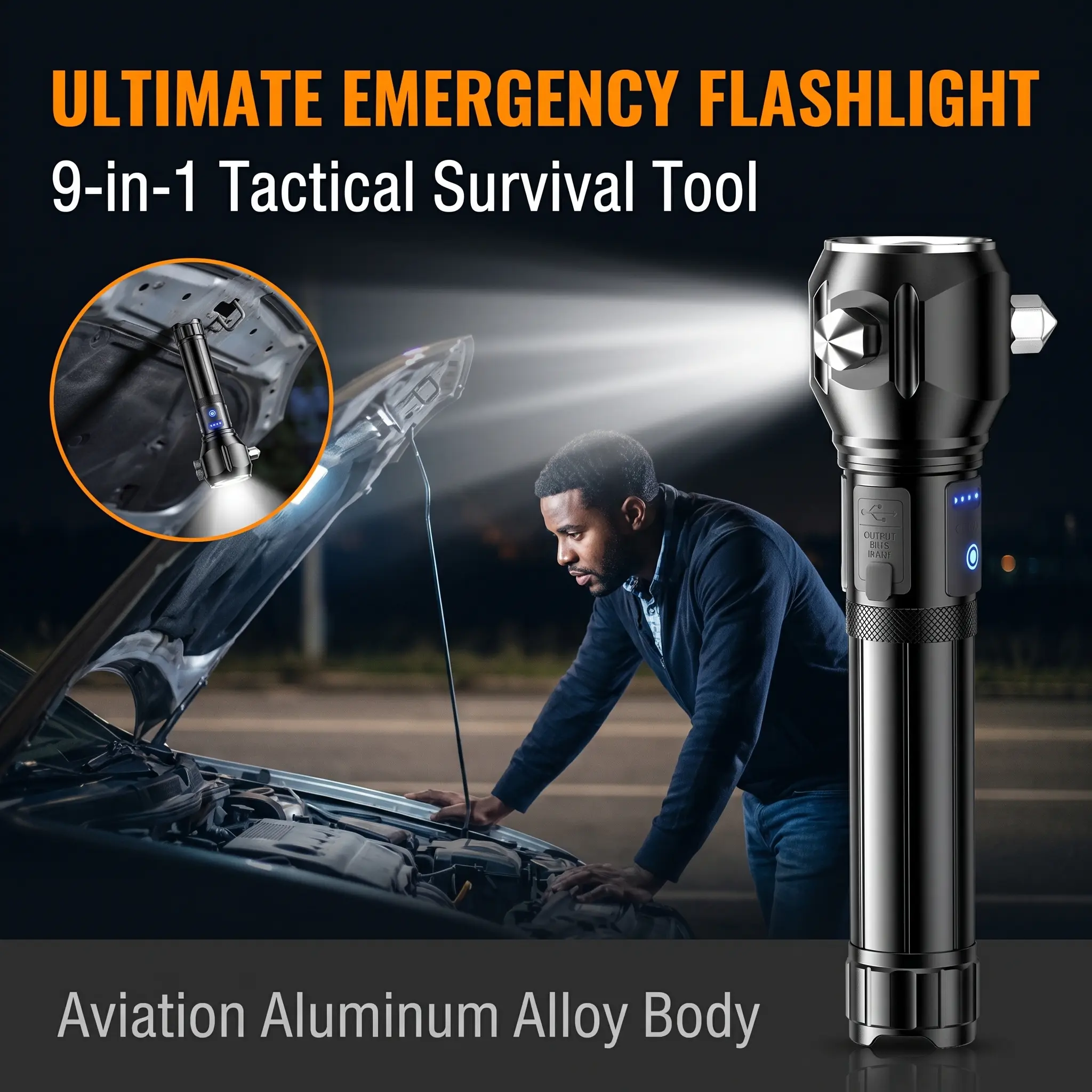 9-in-1 Emergency Tactical Flashlight, Car Escape Survival Tool with Window Breaker Seatbelt Cutter, Type-C Rechargeable LED Flashlight, Waterproof Side Light SOS Alarm for Camping Vehicle Emergency