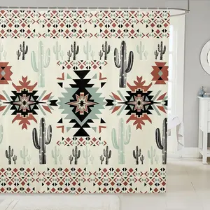 Feelyou Khaki Southwestern Aztec Shower Curtain for Bathroom Decor Kids Geometric Vintage Bath Curtain 72"x72" Rustic Western Cactus Bohemian Boho Tribal Bathroom Accessories for Women Men Room Decor