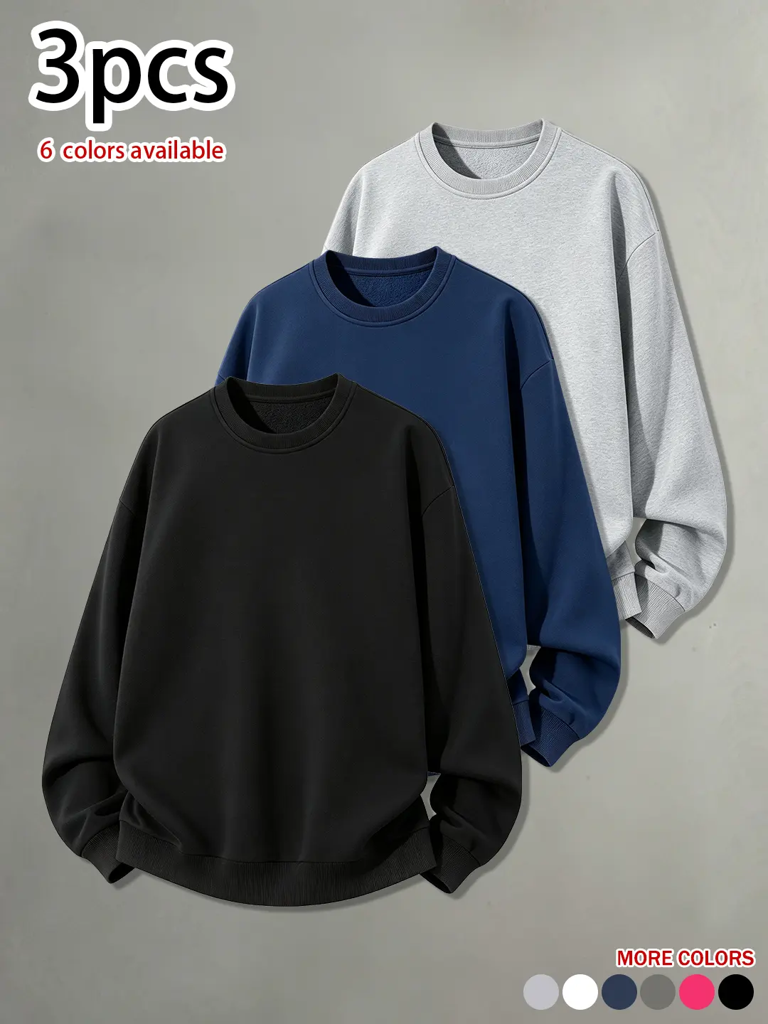 3-pack, 1-pack.Men’s solid-color minimalist sweatshirt—loose fit, basic and comfortable, skin-friendly; streetwear trendy for spring and autumn, versatile for everyday casual wear with a sporty vibe.