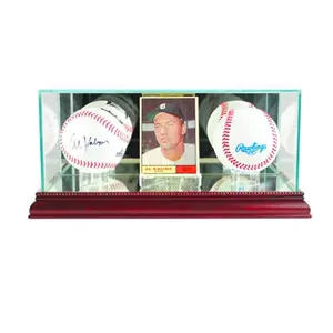 212 MAIN Cherry Finish Card and Double Baseball Display Case, Sports Collectible Memorabilia Display Accessory with Mirror Base, Sports Memorabilia Display