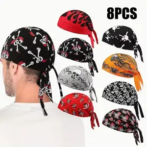 8Pcs Skull Pattern Cooling Do Rags, Unisex Sweat Absorbing Durag Caps, Breathable Helmet Liner Headwear, Skeleton Style Bandana for Cycling Motorcycle Halloween Party Daily Outdoor Use