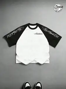 Unisex 100% Cotton Black & White Raglan Oversized T-Shirt | Chest & Sleeve Script Print Retro Streetwear Casual Top