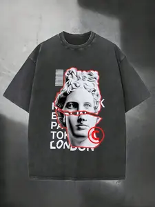Vintage Greek Statue Print Unisex T-Shirt, Aesthetic Distressed Design, Casual Short Sleeve, Street Style Loose Fit, Summer Top, 2026 New Arrival