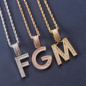 New Bling Baguette Stone Pendant Hip Hip Letter Chain Necklace Iced Out Gold Silver Men Jewelry