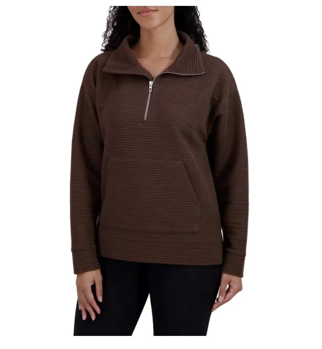 KIRKLAND Signature Women's Ottoman Half-Zip Ribbed Sweatshirt with Kangaroo Pocket (US, Alpha, Small, Regular, Regular, Brown)