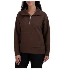 KIRKLAND Signature Women's Ottoman Half-Zip Ribbed Sweatshirt with Kangaroo Pocket (US, Alpha, Small, Regular, Regular, Brown)