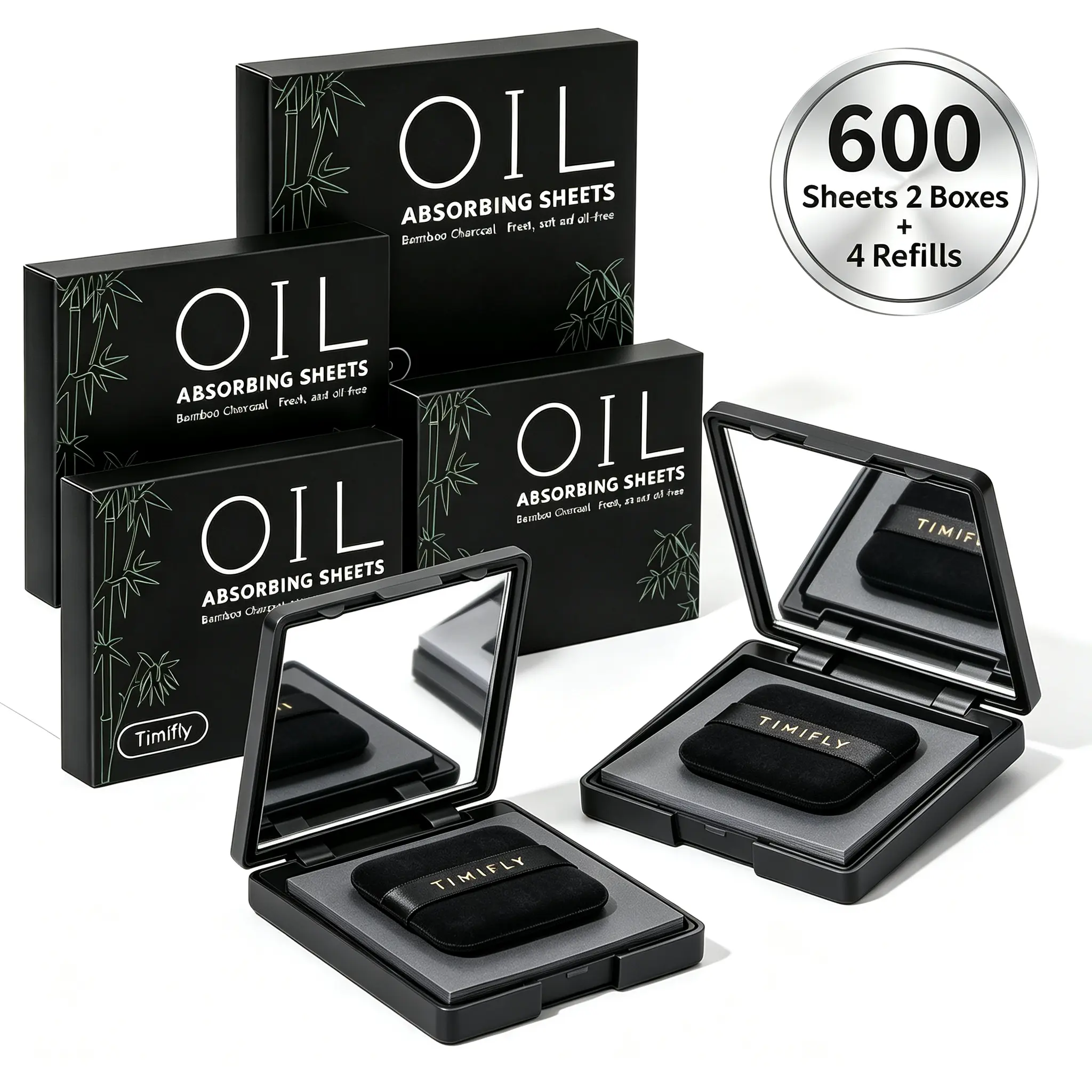 Blcak Oil Blotting Setting Sheet More Control Oil Keep Fresh 2 IN 1 Blotting Sheet with Mirror Puff & Recyclable Case, 600 Sheets 2 Box 4Refills, Oil Sucker Blotting Paper, For Touch Up