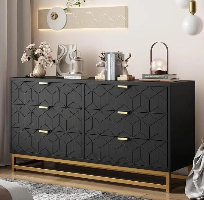 6-Drawer Black Engineered Wood Dresser with Metal Legs - Wide-Storage Organizer Chest, Modern Accent Cabinet for Bedroom, Living Room (Indoor Furniture Engineered Wood Dressers) - TikTok Shop 6-Drawer Black Engineered Wood Dresser with Metal Legs - Wide-Storage Organizer Chest, Modern Accent Cabinet for Bedroom, Living Room (Indoor Furniture Engineered Wood Dressers) - TikTok Shop