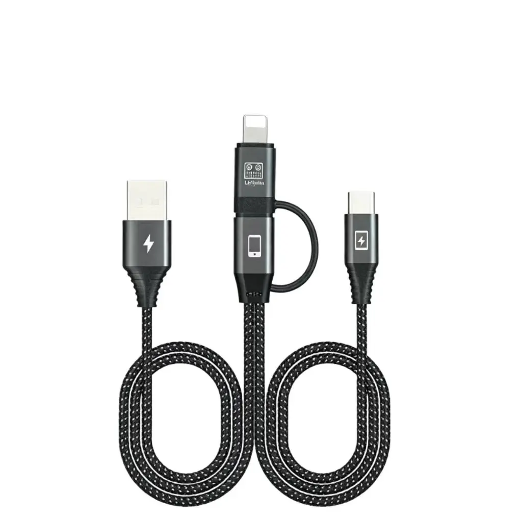 3-in-1 USB Charger Cable - Tear-Resistant Nylon Braid Heavy-Duty Cord with Zinc Alloy Connector, Reinforced Joints, Anti-Scratch Fast Charging Dual Output for iPhone Lightning, Android Devices, Smartphone