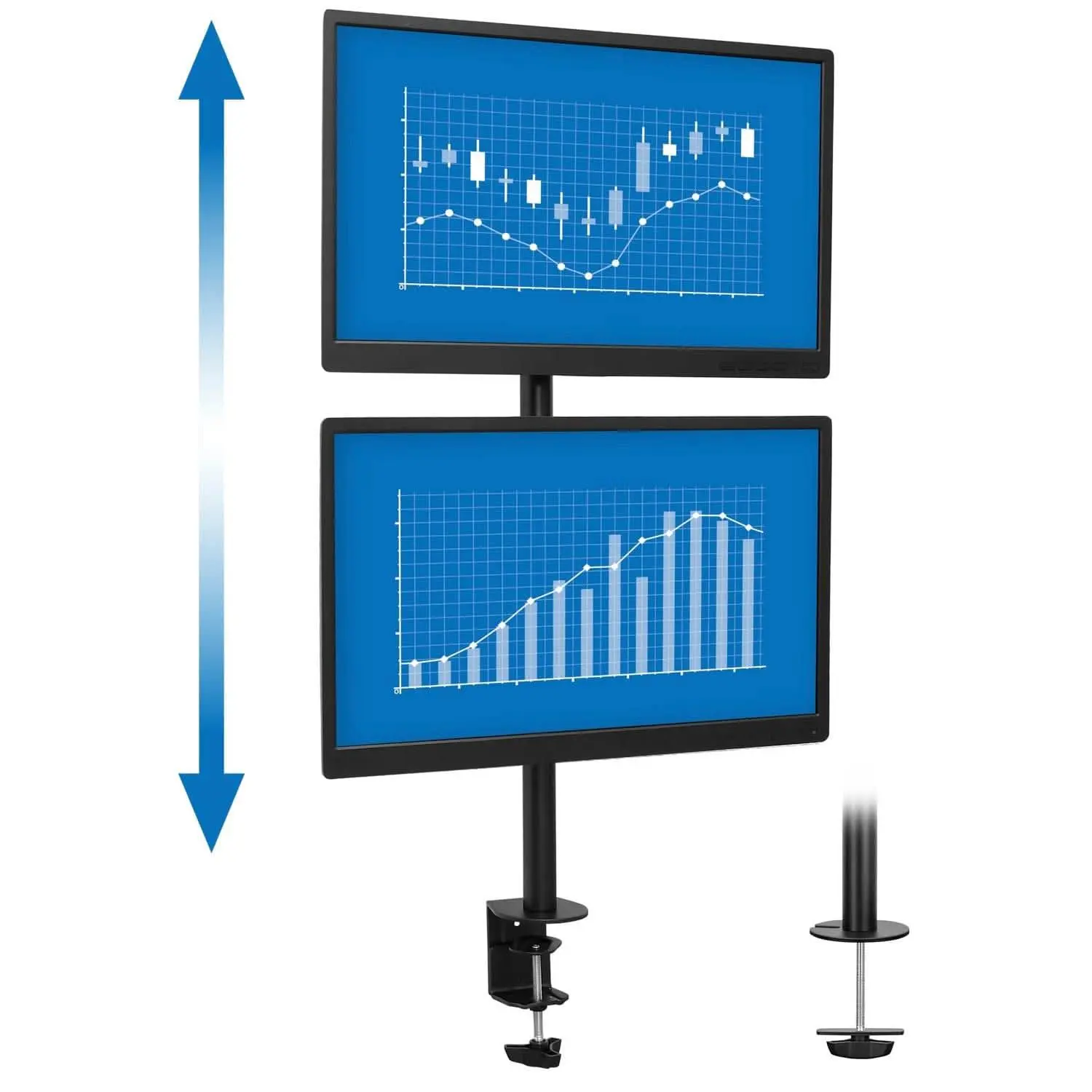 Mount-It! Vertical Dual Monitor Stand for Dual Screens - Full Motion Adjustable Swivel Metal Frame, VESA Compatible (100mm x 100mm), Space Saver, C-Clamp & Grommet Base, Holds 17.6 lbs. per Monitor (13-32 in Screens)