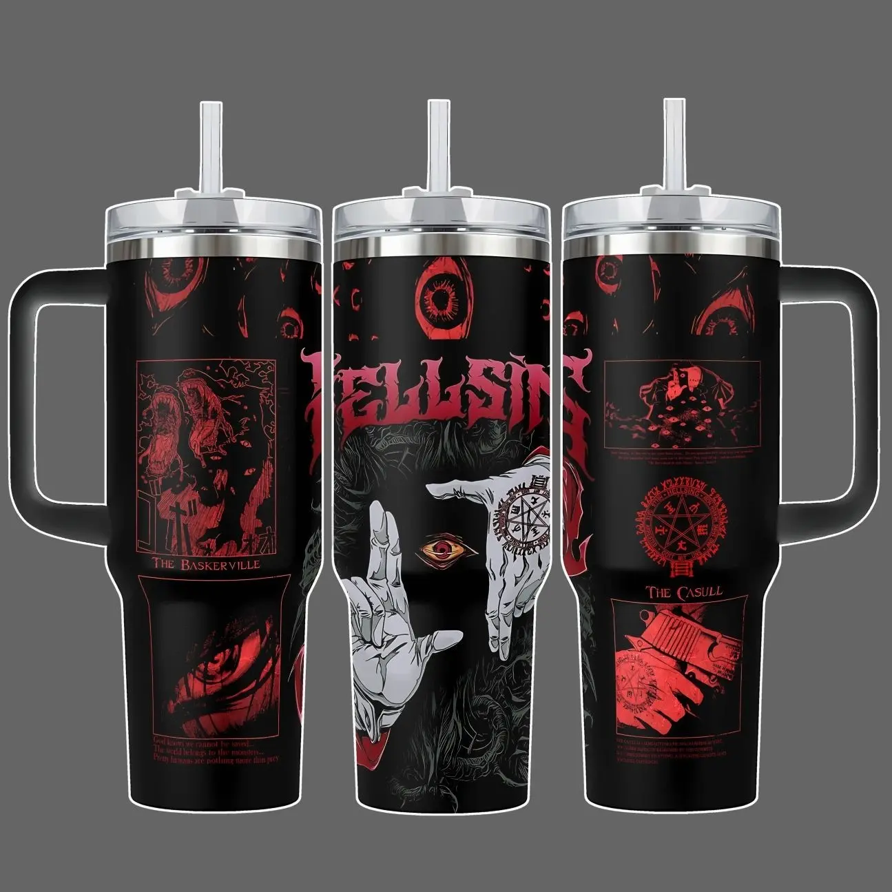 Alucard Hellsing Stainless Steel Insulated Travel Tumbler With Handle 40oz Vampire Occult Crimson Eyes Anime Wrap Design