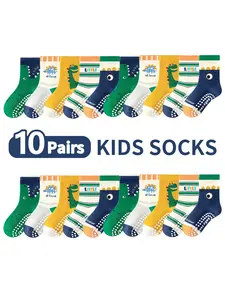 10 Pairs Kids Floor Socks Letter Stripe Glue Cartoon Big Eye Dinosaur Pattern Boys Girls Baby Infant Walking Soft Sole Indoor Non-Slip Mid-Calf Soft Comfy Socks