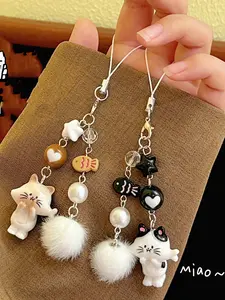 Cute Cat & Fish Phone Chain Pendant Girl Versatile Keychain Hairball Bead Charms Backpack Pendant Jewelry Accessories Gift