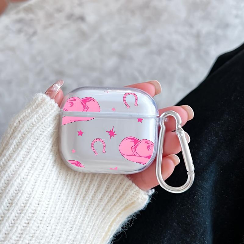 Pink Cowboy Dream Pattern TPU Soft Protective Case for Apple AirPods 4/3/2/1/Pro/Pro2 Transparent Earphone Cover with Keychain Attachment
