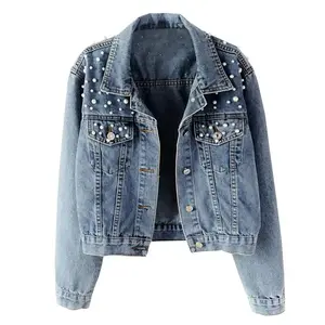 Songling women's loose embroidered pearl bead cut denim jacket denim jacket button jacket fabric women's TiktokShop Black Friday