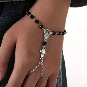 Rosario Female Daily Acrylic Cross Bracelet - Fashion Costume Jewelry with Black Beads, Silver Cross Charm