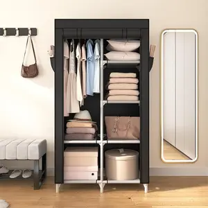 Portable Closet Wardrobe Closet for Hanging Clothes with 6 Storage Shelves, 1 Hanging Rod and 4 Pockets, Free Standing Closet Clothes Organizer for Bedroom, Sturdy and Easy Assemble