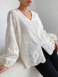 Elegant Women's Embroidered Long Sleeve Shirt, Loose Fit Casual Top for Spring & Fall, Stylish Lightweight Blouse for Daily Wear, Womenswear