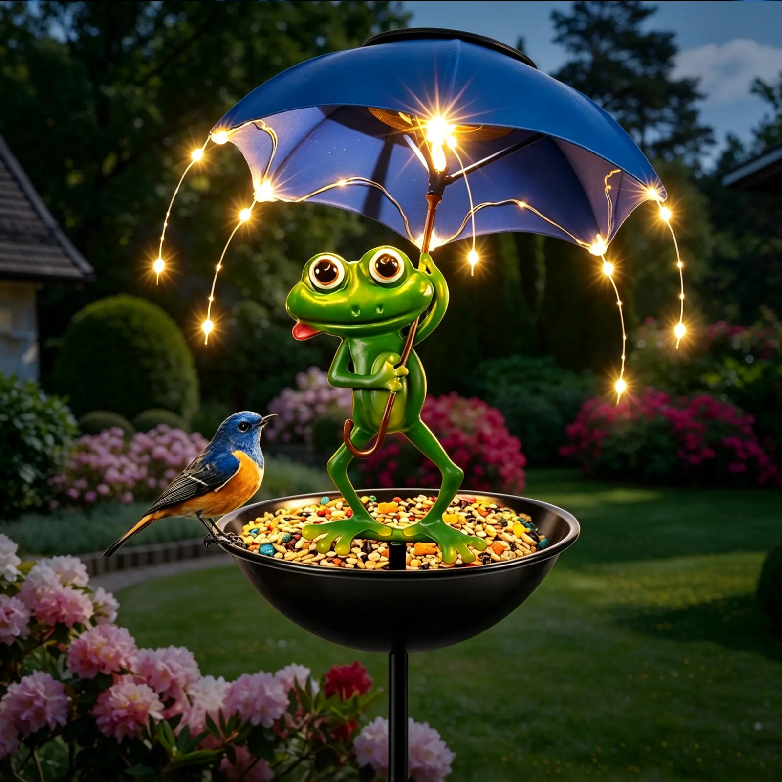 JNOEC Solar-Powered Frog Shape LED Lights - Outdoor Metal Art Piece with Umbrella, Built-in Cells, Weatherproof Glow + Feed Combo, Warm White Glow, Lawn Ornament, Patio Decor, Housewarming Gift (Playful Frog Art Adds Whimsy Outdoors)