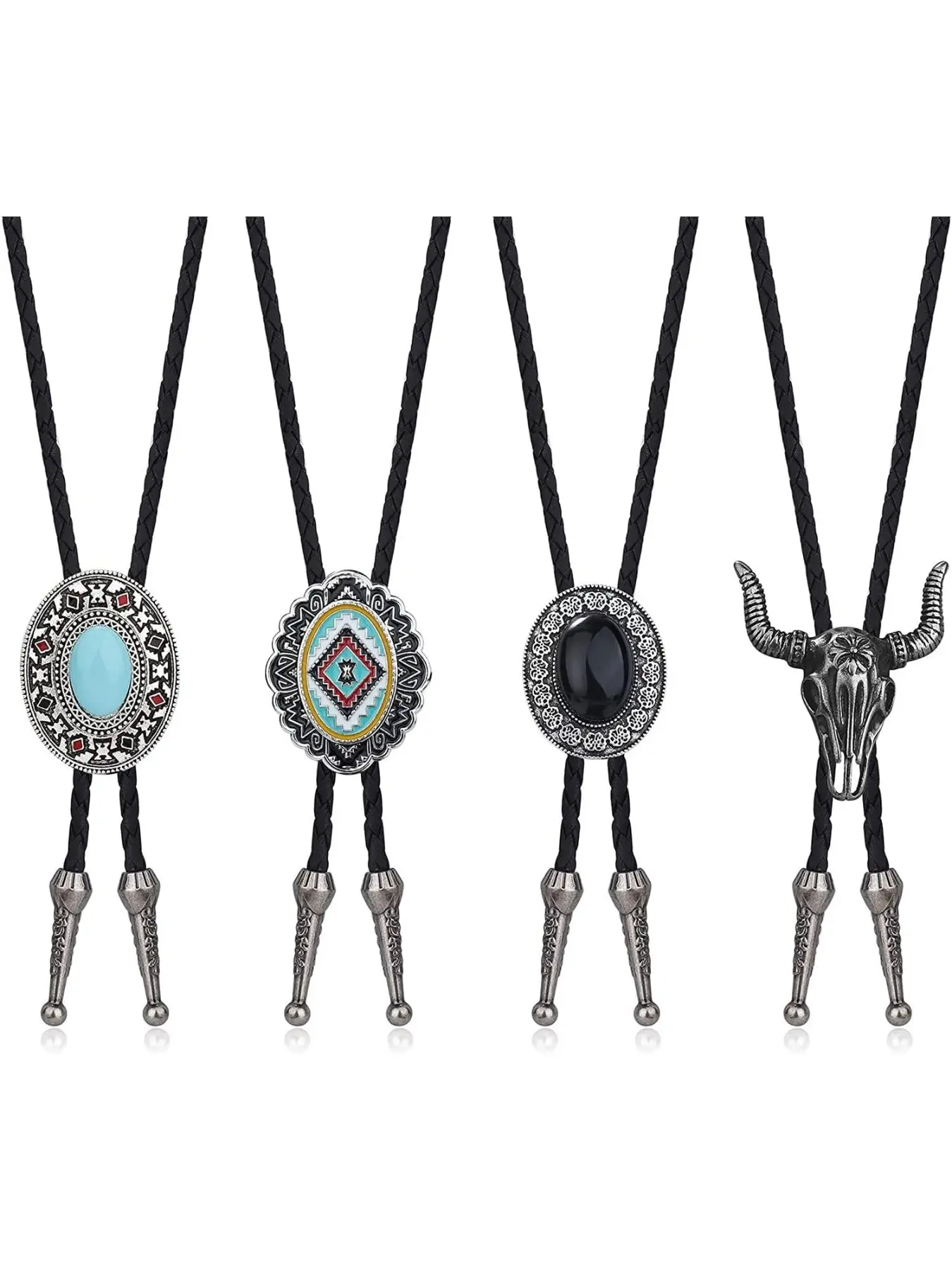 4Pcs Western Cowboy Vintage Bolo Tie Men Handmade Leather Round Shape Black Vintage Turquoise Pendant Bolo Ties Necktie Accessory for Women,Men Casual Boho Bohemian Tie