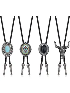 4Pcs Western Cowboy Vintage Bolo Tie Men Handmade Leather Round Shape Black Vintage Turquoise Pendant Bolo Ties Necktie Accessory for Women,Men
