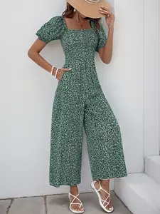 Women's Boho Floral One-Piece Romper, Square Neck Bubble Sleeve Ditsy Floral Overall Jumpsuit  , Loose Fit Wide Leg Pants, 2026 Summer Casual Wear