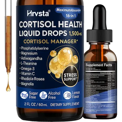 Natural Cortisol Support Dietary Supplement Liquid Drops - Magnesium Complex, Ashwagandha, PS, Rhodiola Rosea, L-Theanine - Adult Self Care Product, Botanical Extracts Sleep & Focus Aid, Brain Health Hormonal Support (2 fl.oz)