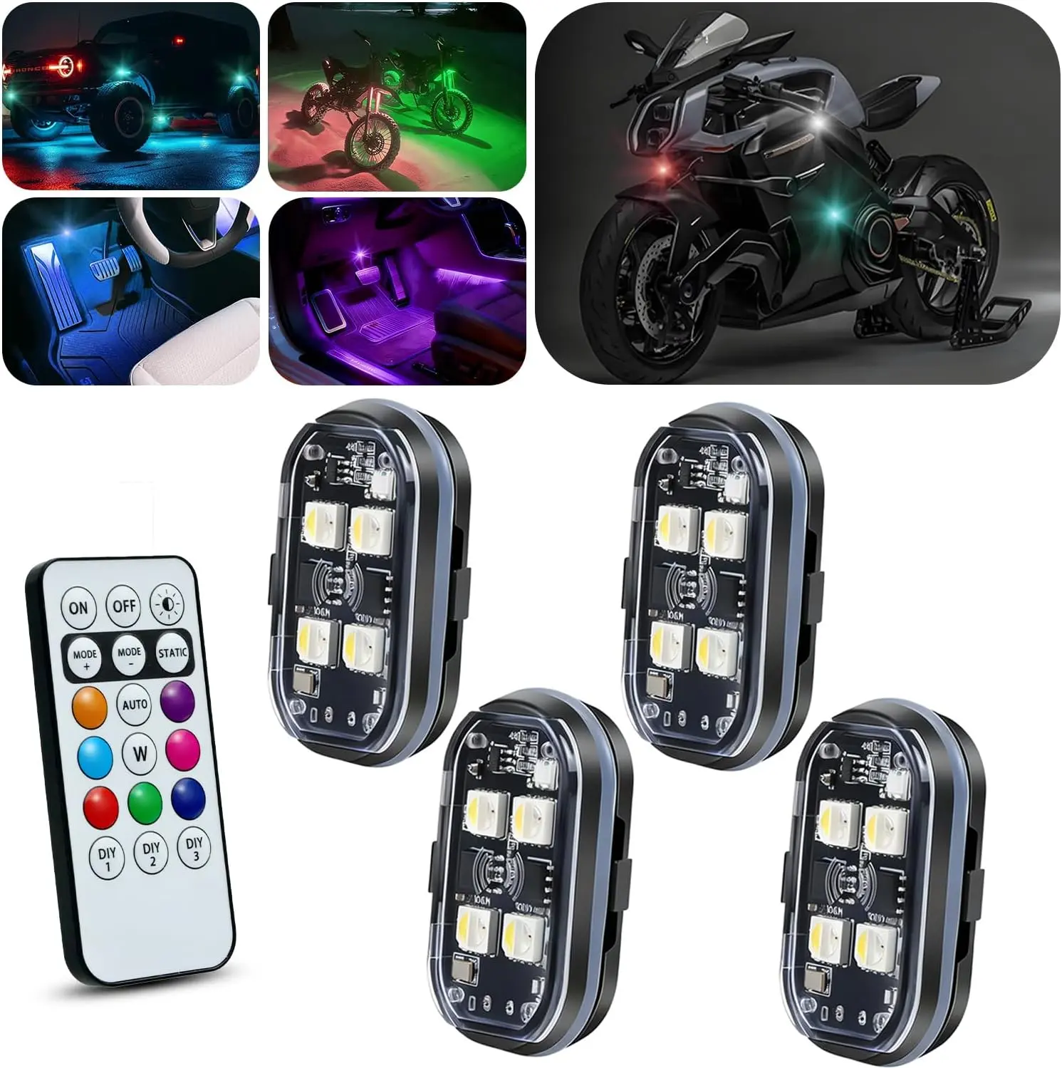 Upgraded 4PCS Wireless LED Strobe Lights - 8 Colors, Remote Control, Type-C Charge, Strobe Effect - Car & Motorbike Interior Warning & Decorative Lights