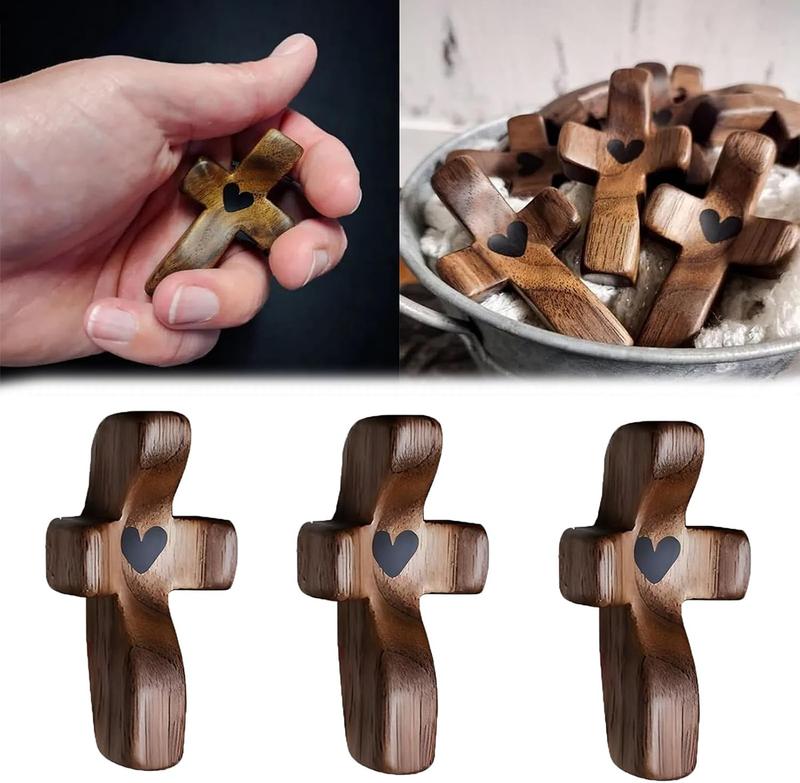 Handmade (3/6/10/20) Pcs Pocket Wooden Cross Fidget | Wooden Cross My Heart - Religious Ornaments Gift for Children and Adults, Rustic Style Decor Pocket Olive Wood Cross Set for Christian Faith, Baptism, Prayer