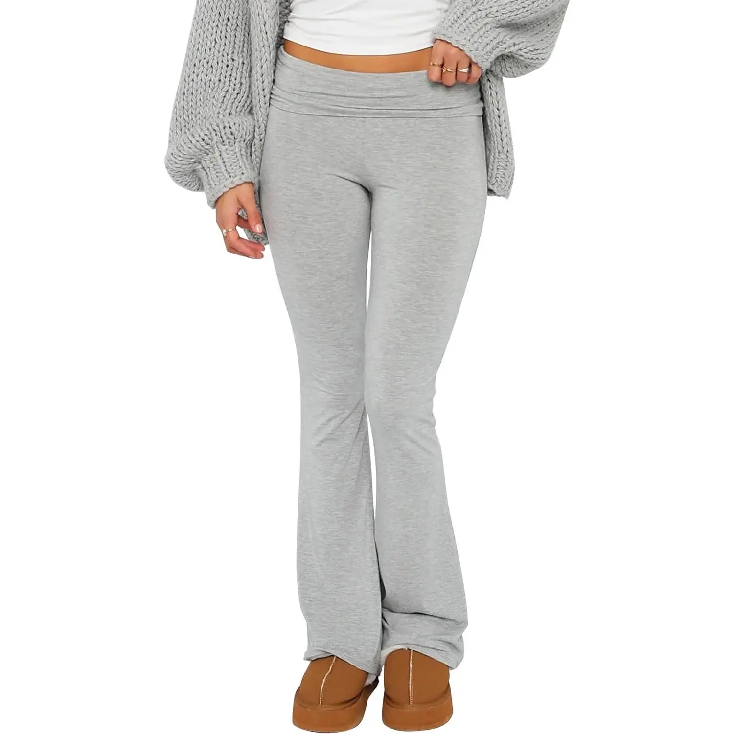 Women's Flare Skinny Pants Fold Over Leggings Stretch Bootcut Bell Bottom Slim Fit Yoga Pants Y2k Joggers