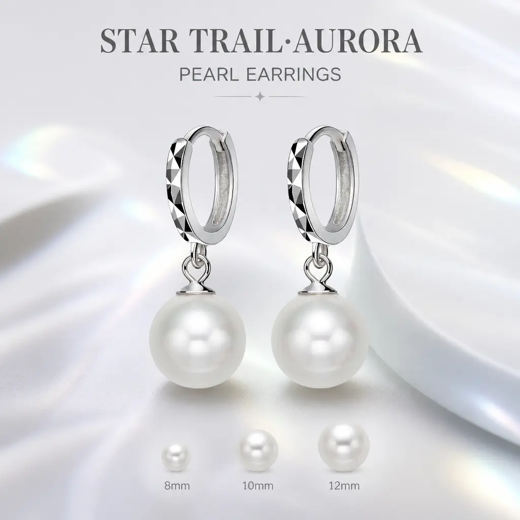 S925 Silver Pearl Hoop Earrings for Women, Hypoallergenic Huggie Drop Earrings with 8/10/12mm South Sea Cultured Pearl, CNC Cut Sparkling Triangle Faceted Design, Dainty Lightweight Dangle Earrings for Daily, Wedding, Bridesmaid, Party Jewelry Gift
