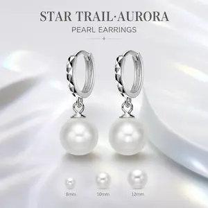 S925 Silver Pearl Hoop Earrings for Women, Hypoallergenic Huggie Drop Earrings with 8/10/12mm South Sea Cultured Pearl, CNC Cut Sparkling Triangle Faceted Design, Dainty Lightweight Dangle Earrings for Daily, Wedding, Bridesmaid, Party Jewelry Gift