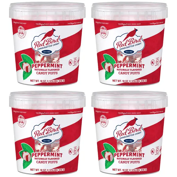 4 Pack - Red Bird Soft Peppermint Candy Mint Puffs Individually Wrapped 18oz tub
