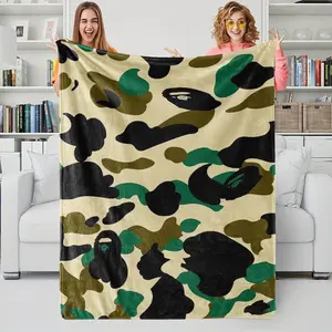 BAPE ABC Camo Classic Flannel Sofa Bed Blanket, Iconic Green Camo with Ape Head Silhouette Fleece Blanket, Soft Silky Thick Dense, Indoor Outdoor Use, Military Street Style Home Decor Gift for Fans, Flannel Throw Blanket, Flannel Cozy Blanket