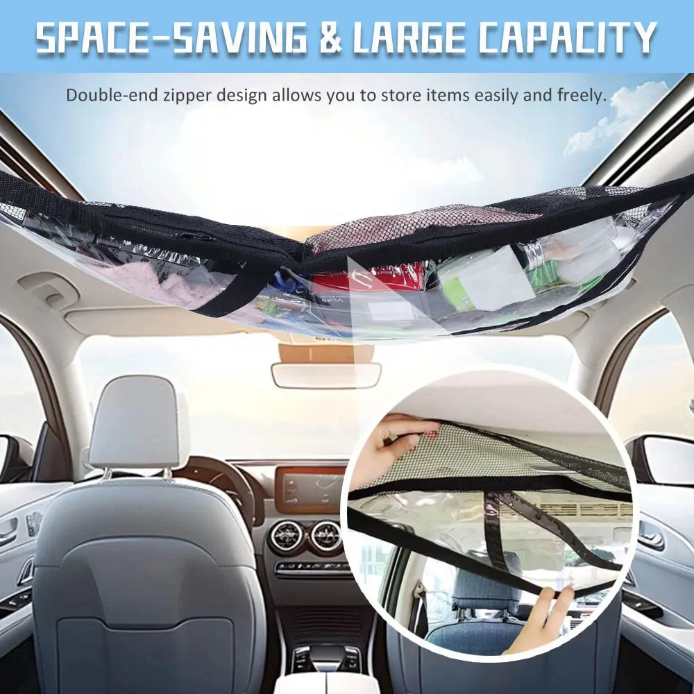 Car Ceiling Cargo Net Pocket Interior Roof Mesh Storage Organizer for SUVs Van