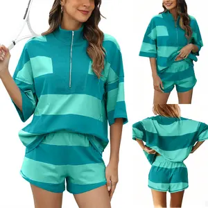 WoodBerry Women's Two Piece Workout Set Striped Short Sleeve Oversized Shirts Wide Leg Shorts Sets Summer Lounge 2 Piece Tracksuit with Pockets Tennis Sport Outfits for Daily summerwins