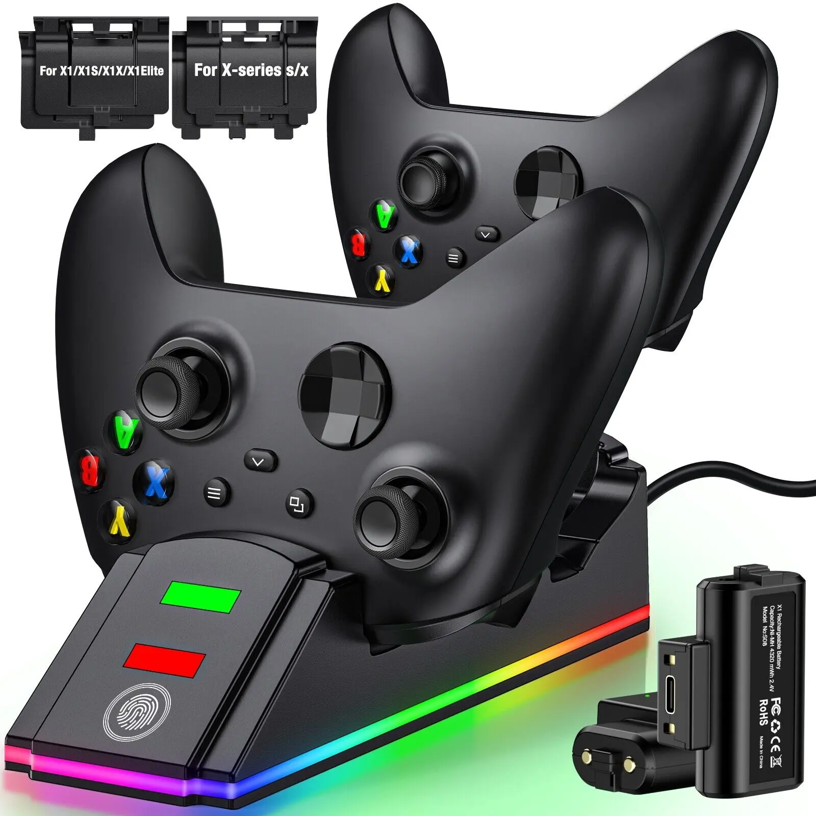 Xbox Controller Charger Station with 2 Packs 4320mWh Rechargeable Battery for Xbox Series X/S/One/Elite Controller, Dual Charging Dock with RGB Light, Xbox Controller Battery Pack with 4 Packs Covers-Black