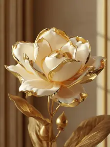 Gold Trim Ceramic Rose Satin Poster | Floral Wall Art, Elegant Home Decor