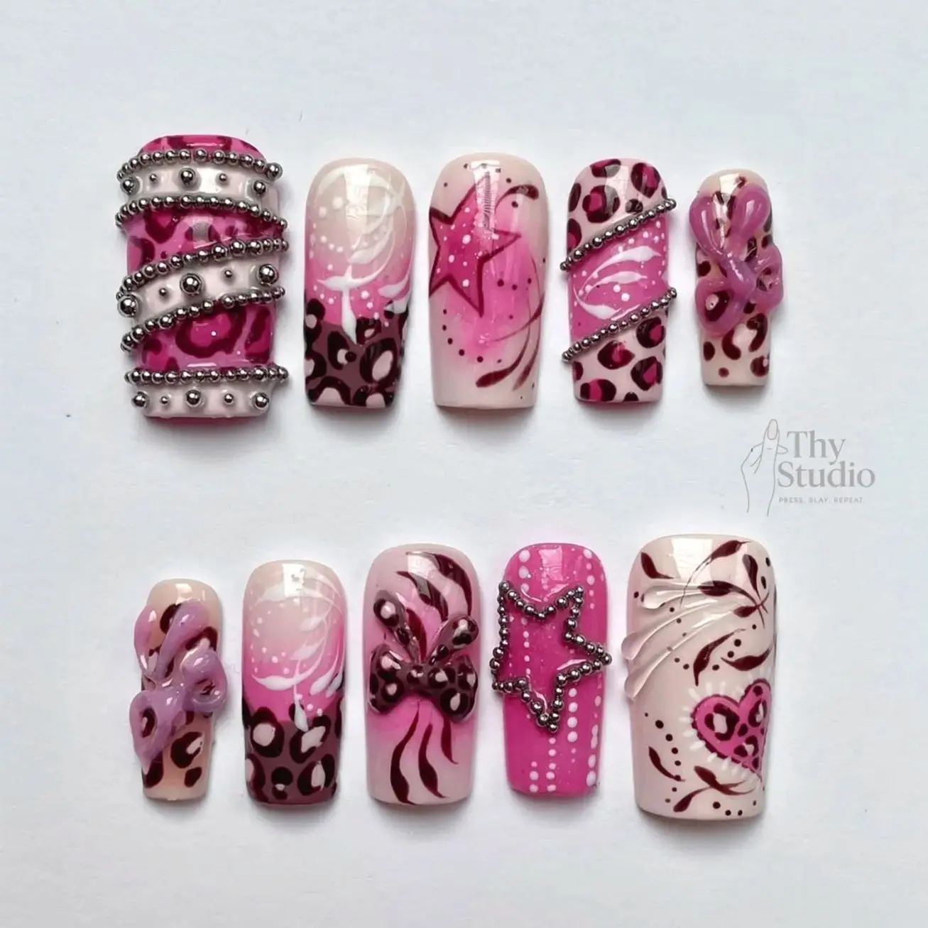 Y2K Leopard Print Press On Nails: Pink 3D Bow Star Glam