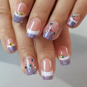 Curvlife medium squoval glitter Gel Press On Nails french pink glossy shiny Nail Art 2 Week Wear