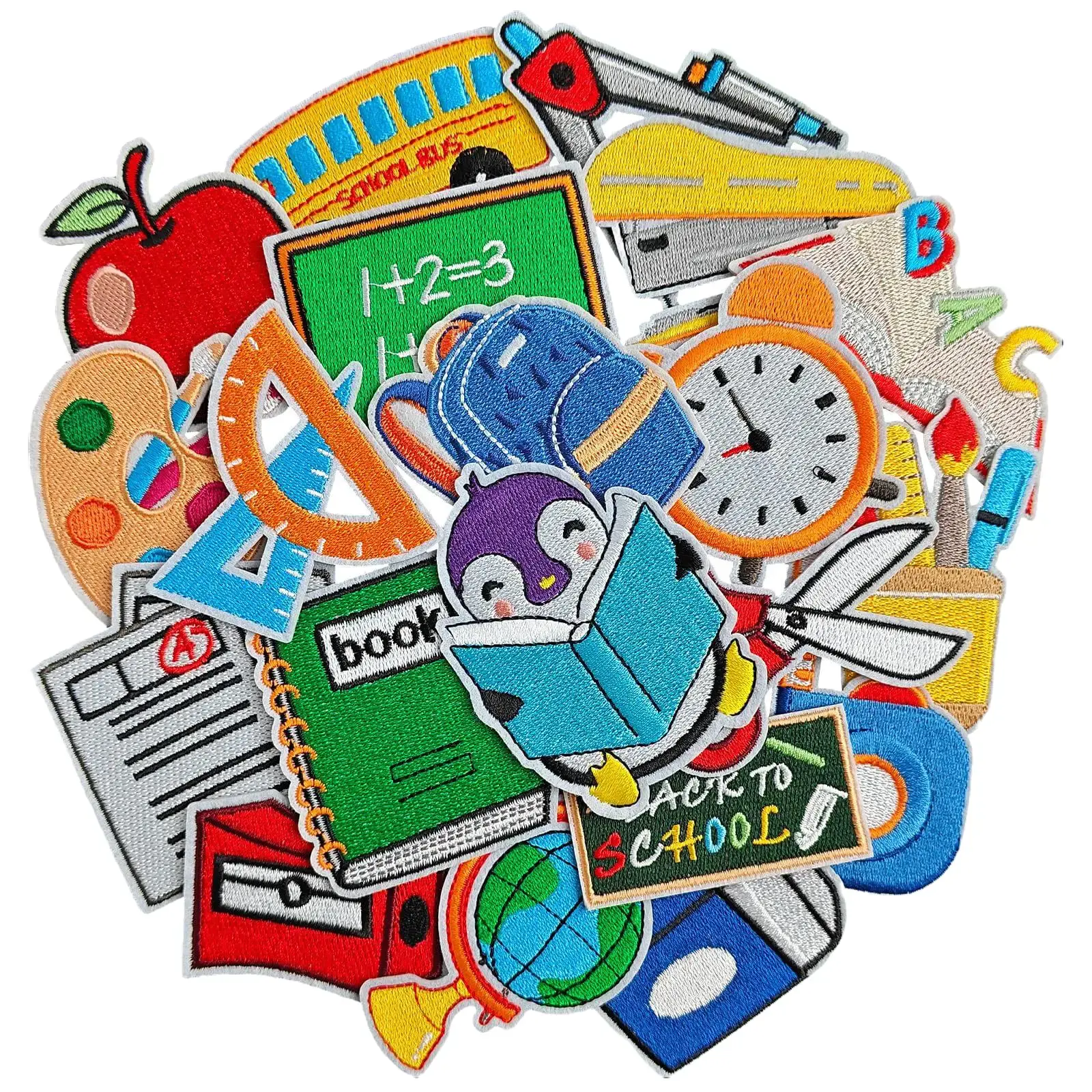 20PCS Back to School Iron on Embroidered Patches Schoolbag Ruler Pencil Pattern Appliques Iron on Embroidered Appliques for Schoolbags, Clothes, Hats etc.