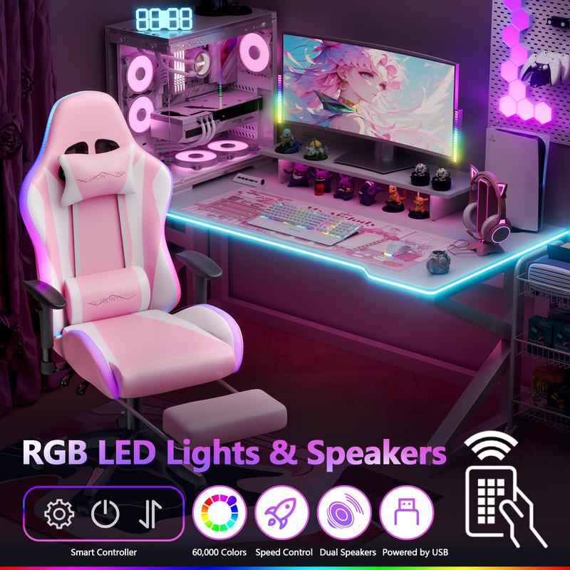 【Sweet!!】Mr IRONSTONE Gaming Chair with Speakers and Led Lights Ergonomic Massage Computer Gaming Chair with Broaden Cusion and Footrest High Back Video Game Chair for Adults Kids Boyfriend Father's Gift, Blue Black and Pink