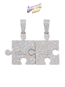 LUXFINE MOIS Iced Out Moissanite You & Me Puzzle Piece Pendant Set, White Gold Plated Full Paved Hip Hop Couple Necklaces, Pass Diamond Tester for Men Women