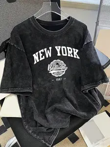 Vintage New York Brilliant 1987 Varsity Seal T-Shirt, Washed Black Cotton Oversized Short Sleeve Tee, Retro NYC 1980s Casual Crewneck Shirt