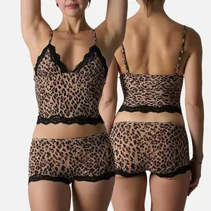 Lunaclo Women’s Sexy Leopard Print Lace Cami & Shorts Set  Sleepwear Soft Stretch Spaghetti Strap Pajama Set Breathable Slim Fit Loungewear for Summer Nightwear & Lounge
