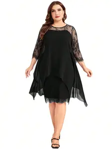 Women's Plus Size Black Lace Panel Sleeve Chiffon Dress with Asymmetrical Hem Elegant Design for Versatile Occasions