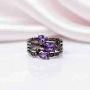 1.54Ct Amethyst Three Birthstone Ring