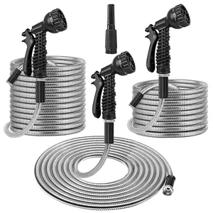 25FT/50FT/100FT Heavy Duty Stainless Steel Garden Hose Garden Watering Kit Metal Water Hose with 2 Nozzles 12 Patterns Flexible Extendable Kink Tangle