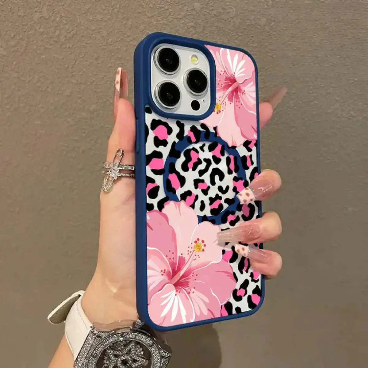 Premium Leopard Print Hibiscus Flowers Magnetic Protective Cellphone Case for iPhone 17-11 Series Pro Max/Plus, Shockproof 1.2mm Acrylic Casing with Raised Lips & Super Soft Silicone Layer, Durable Accessories Protector