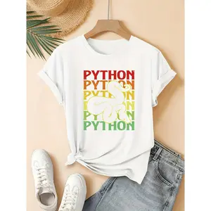 Python Programming Language! Women's Cute Snake & Code Print T-Shirt - Round Neck Tee, Casual Summer Top Suitable for Home, Office Wear - Ideal Gift for Python Developers & (Machine Washable) (3-13Y)
